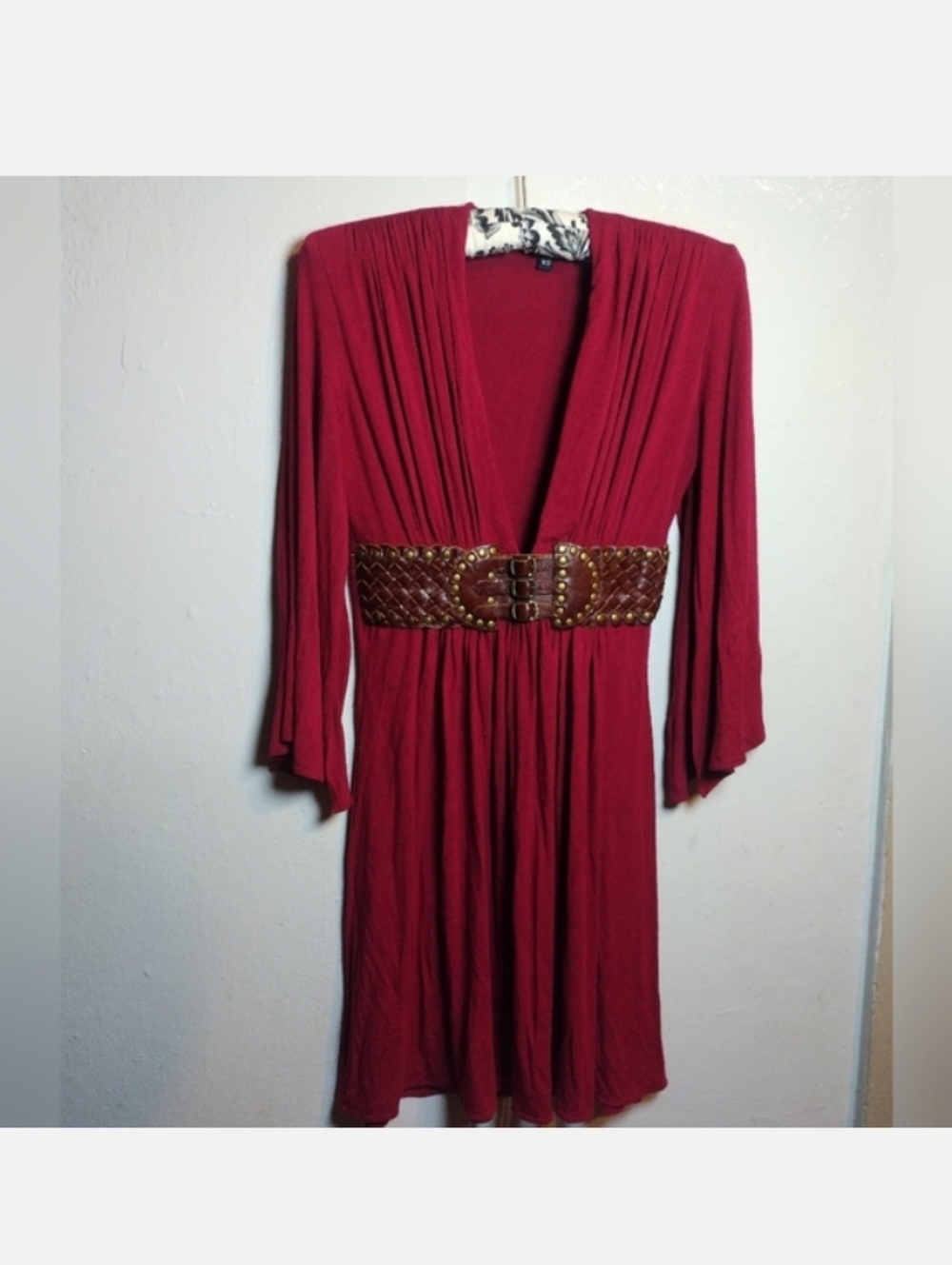 Vtg Y2K Boho Babydoll Sky Mini Dress Top Leather Belt XS Maroon Burgundy Excelle